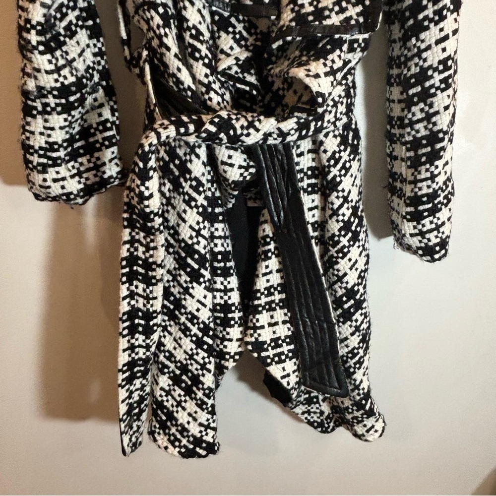 PINK MARTINI Sz L Open Front Houndstooth Belted Trimmed Cascade Lined Jacket - Picture 3 of 10